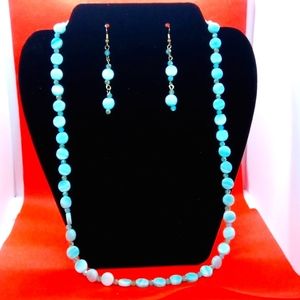 🆕Lt. Aqua/White marble circles NECKLACE w/ Gold EARRINGS SET @HANDMADE Original